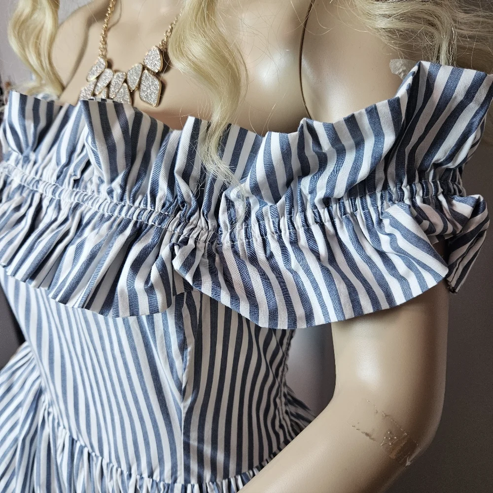 Abercrombie & Fitch Blue White StripedOff-the-Shoulder Maxi Dress Small Tall